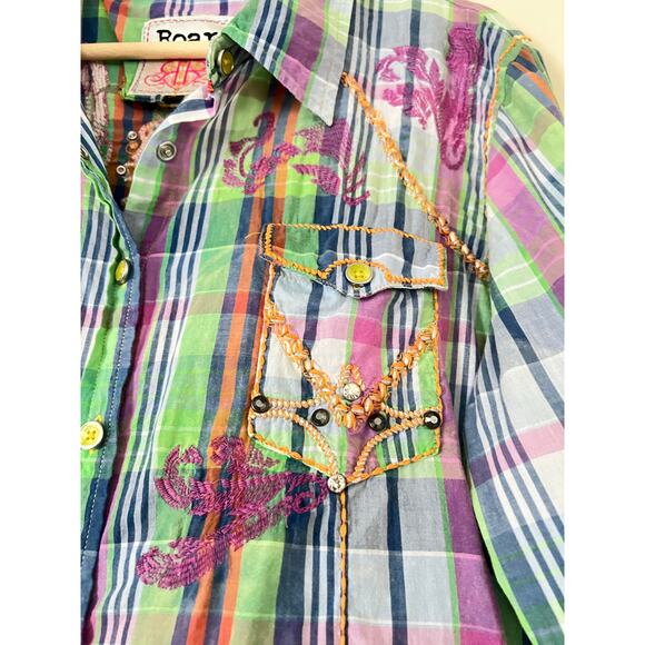 ROAR Embellished Bling Rodeo Cowgirl Western Stretch Shirt Green Purple XL - Picture 2 of 6